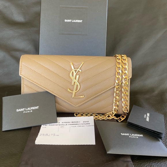Saint Laurent Beige Cassandra Crossbody wallet with Gold Chain - Picture 1 of 14